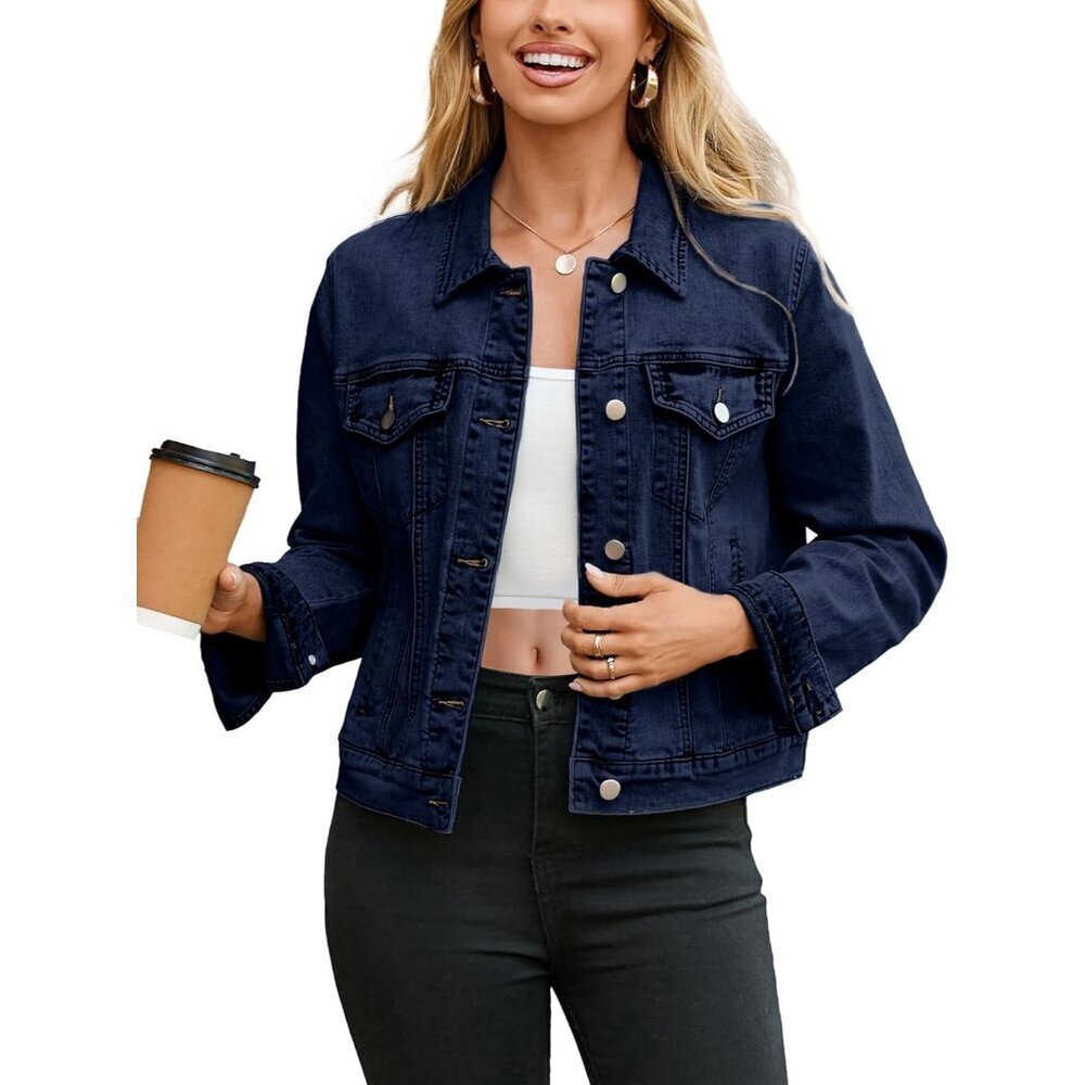 Women's Jean Jacket Long Sleeve Denim Jacket Button Down with Pockets Navy Blue